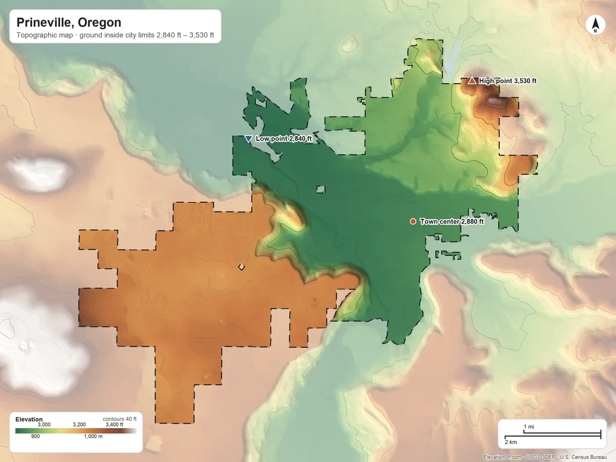 Topographic elevation map of Prineville, Oregon, shaded from 2,840 ft on the northwest side to 3,530 ft on Barnes Butte