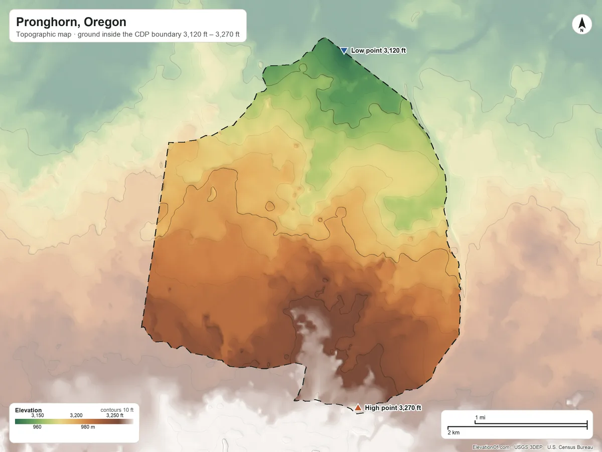 Topographic elevation map of Pronghorn, Oregon, shaded from 3,120 ft on the north side to 3,270 ft on the south side