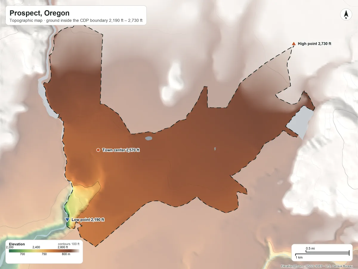 Topographic elevation map of Prospect, Oregon, shaded from 2,190 ft on the southwest side to 2,730 ft at the foot of the Grassy Range