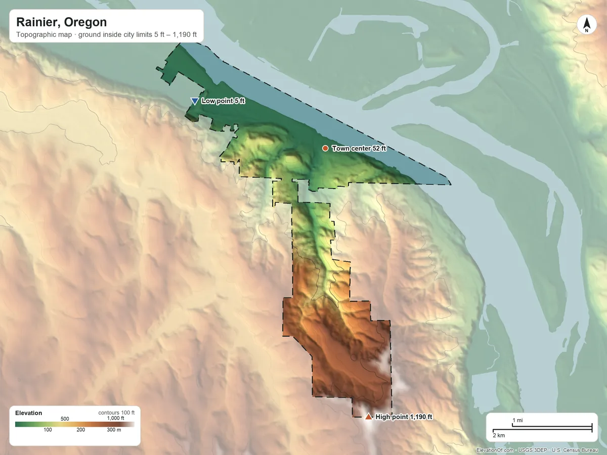 Topographic elevation map of Rainier, Oregon, shaded from 5 ft on the west side to 1,190 ft on the south side