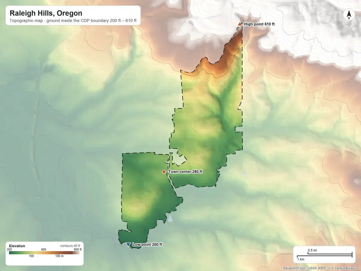 Topographic elevation map of Raleigh Hills, Oregon, shaded from 200 ft on the southwest side to 610 ft at the foot of the Tualatin Mountains