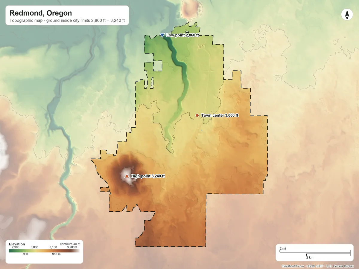 Topographic elevation map of Redmond, Oregon, shaded from 2,860 ft on the northwest side to 3,240 ft on Forked Horn Butte