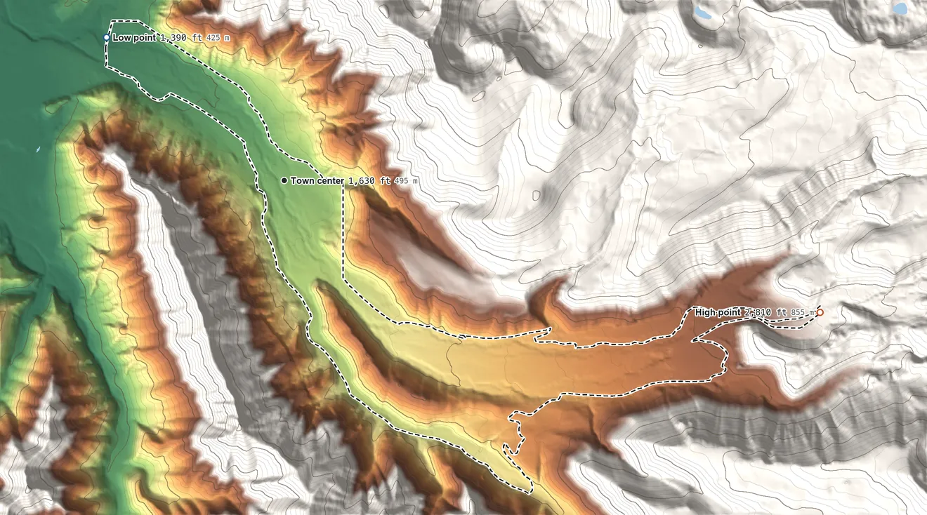 Topographic elevation map of Rhododendron, Oregon, shaded from 1,390 ft on the northwest side to 2,810 ft on the east edge, below higher ground just outside