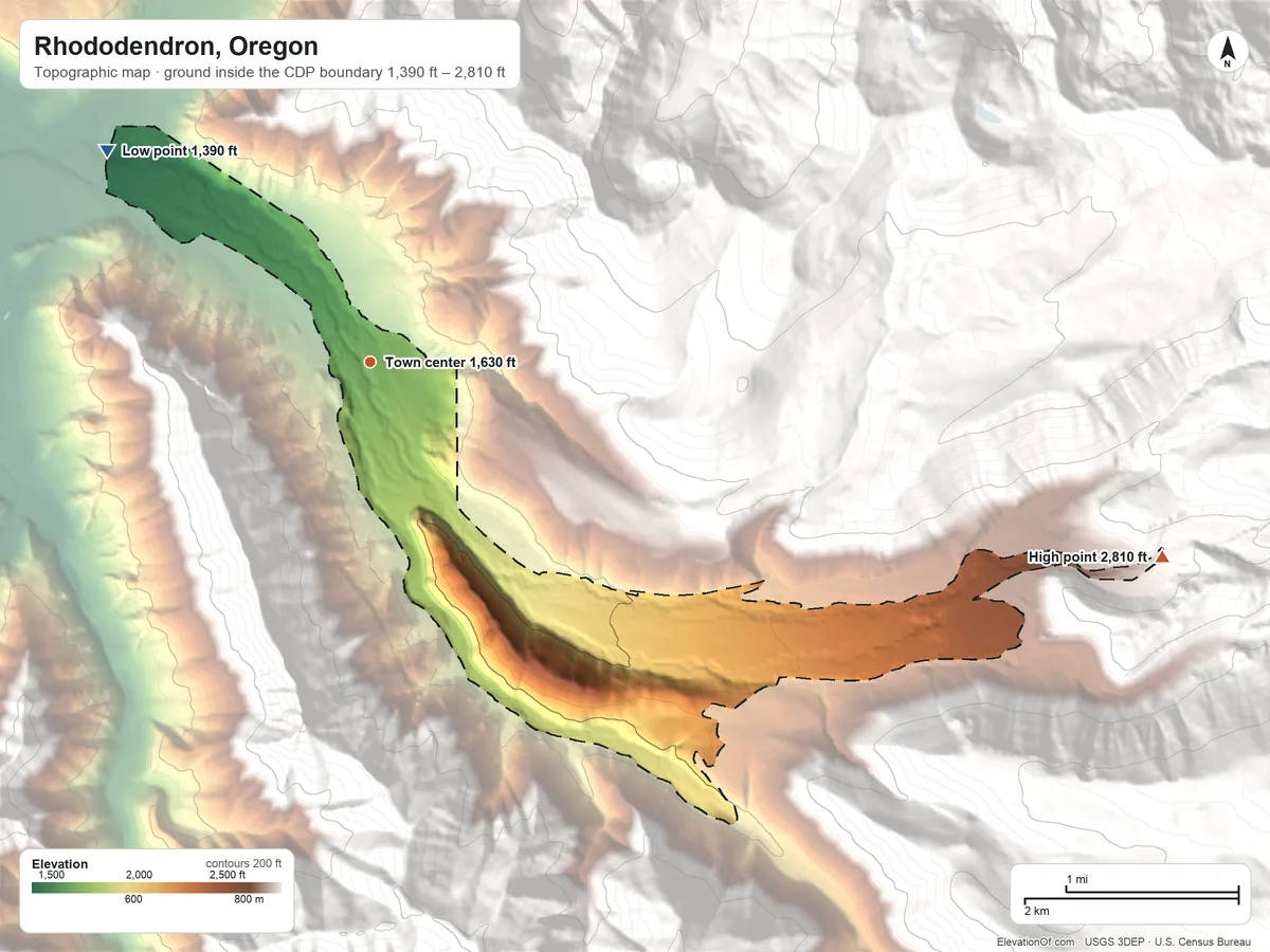 Topographic elevation map of Rhododendron, Oregon, shaded from 1,390 ft on the northwest side to 2,810 ft on the east edge, below higher ground just outside