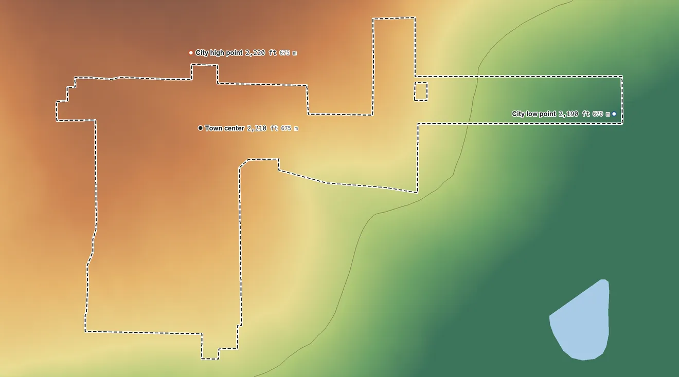 Topographic elevation map of Richland, Oregon, shaded from 2,190 ft on the east side to 2,220 ft on the north edge, below higher ground just outside