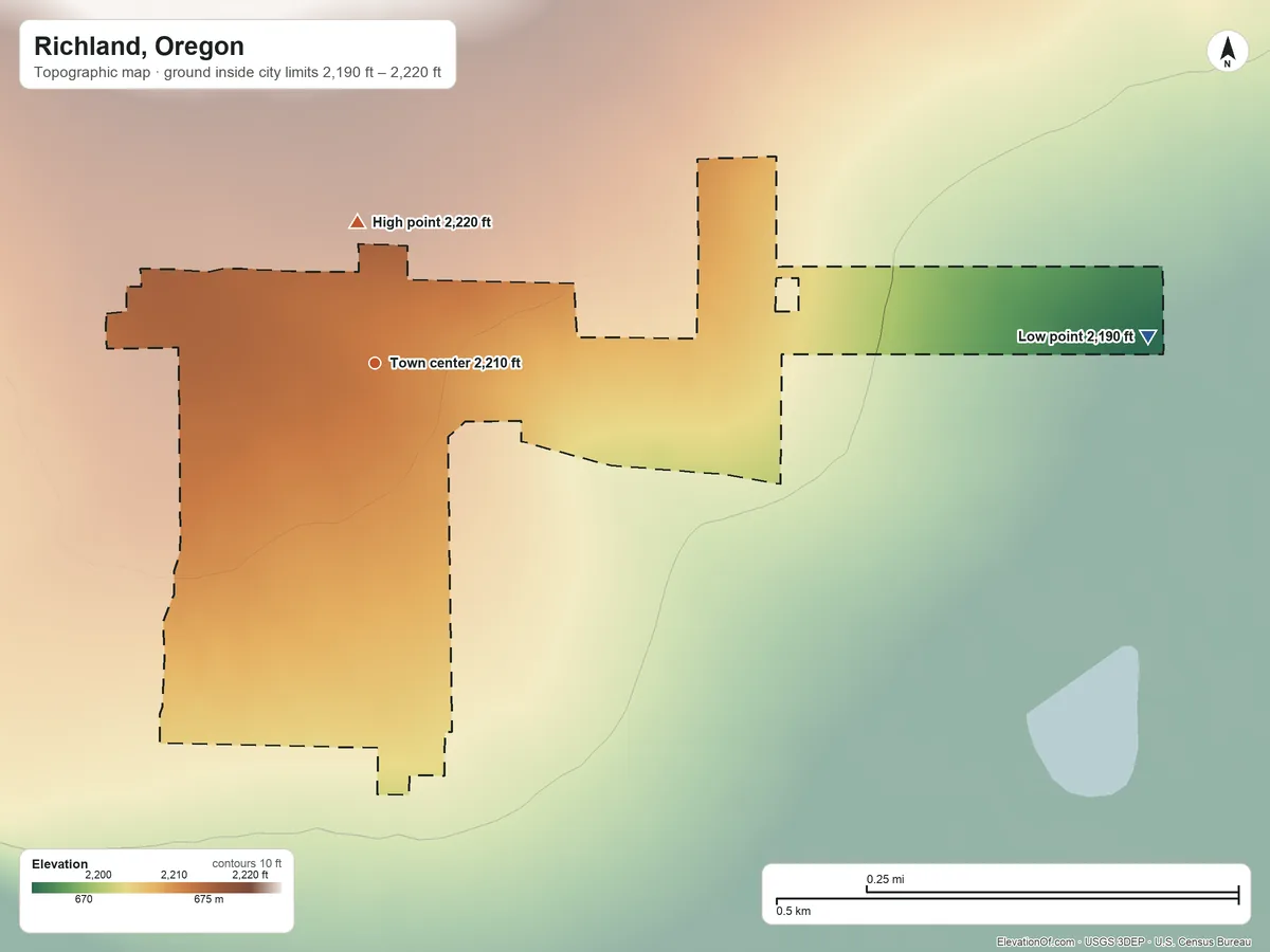Topographic elevation map of Richland, Oregon, shaded from 2,190 ft on the east side to 2,220 ft on the north edge, below higher ground just outside