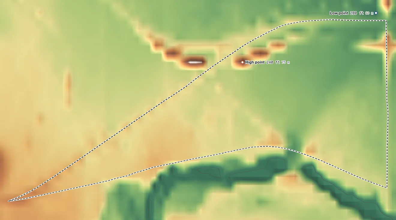 Topographic elevation map of Rickreall, Oregon, shaded from 200 ft on the northeast side to 240 ft on the north side