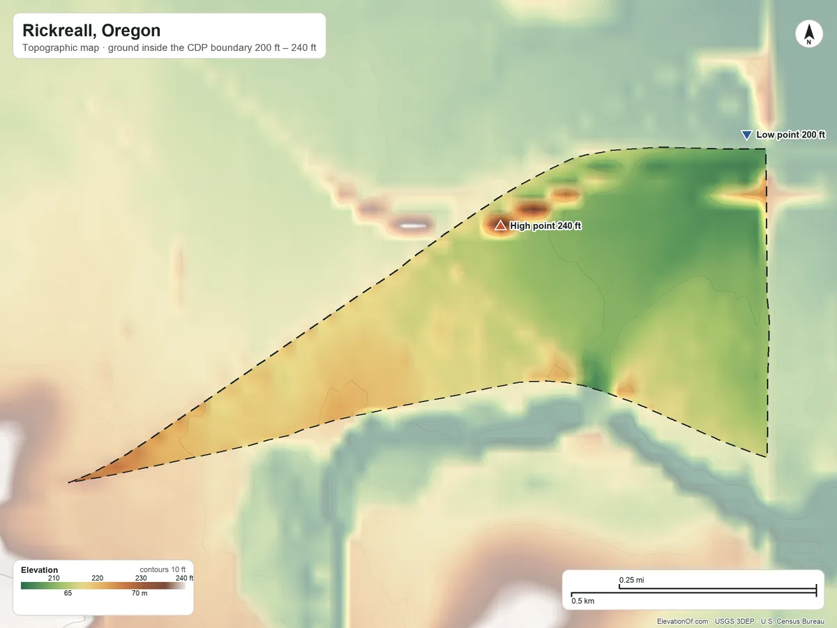 Topographic elevation map of Rickreall, Oregon, shaded from 200 ft on the northeast side to 240 ft on the north side