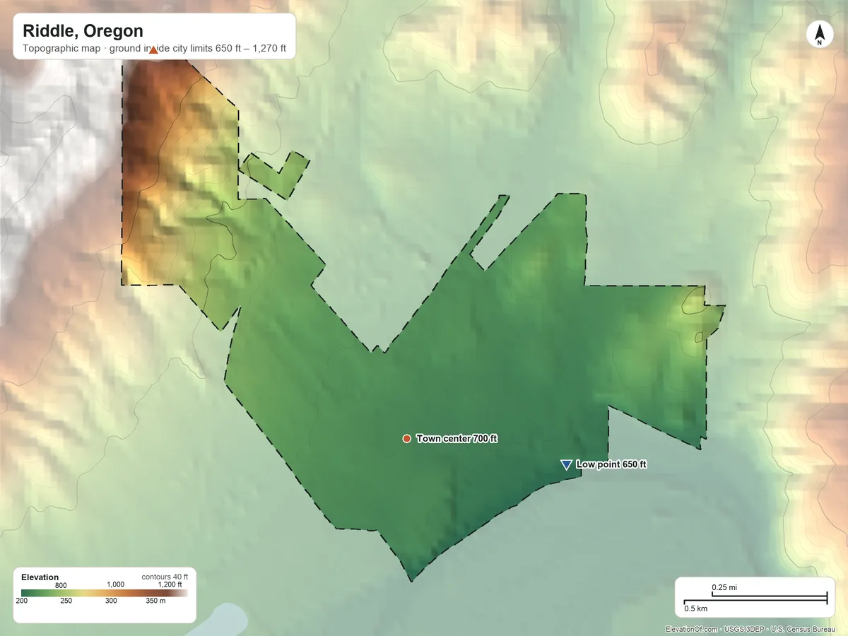 Topographic elevation map of Riddle, Oregon, shaded from 650 ft on the east side to 1,270 ft on the northwest edge, below higher ground just outside