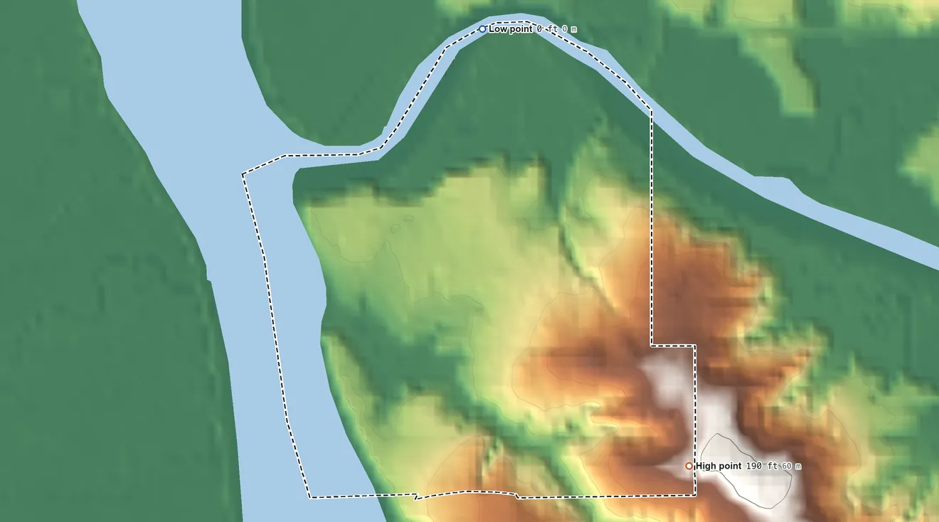Topographic elevation map of River Point, Oregon, shaded from 0 ft on the north side to 190 ft on the southeast side