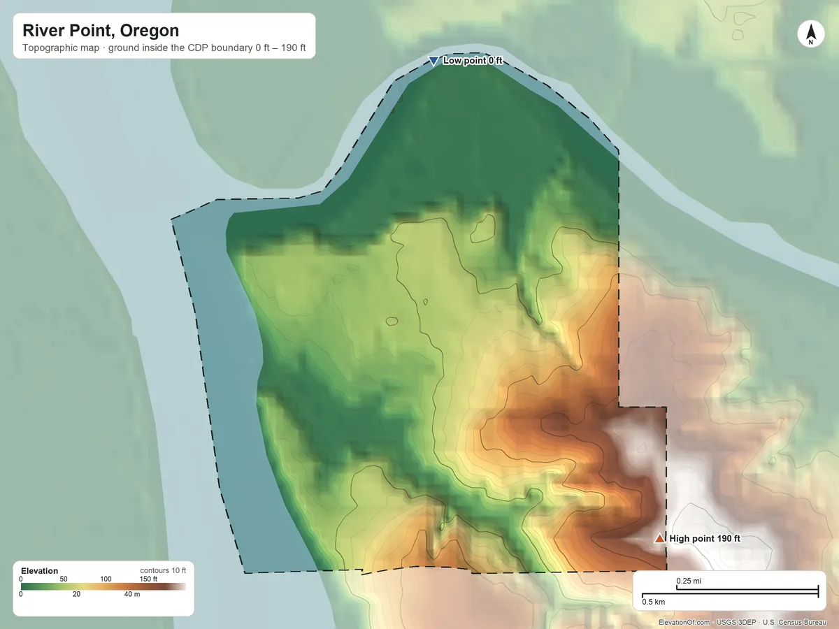 Topographic elevation map of River Point, Oregon, shaded from 0 ft on the north side to 190 ft on the southeast side