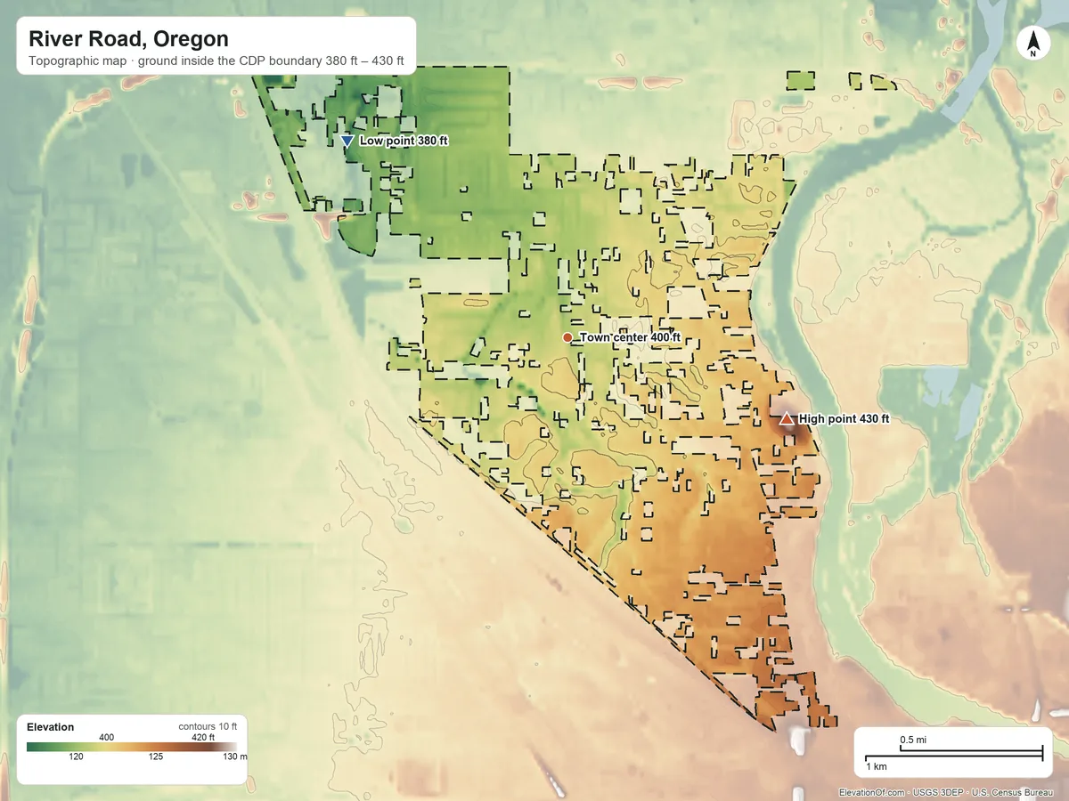 Topographic elevation map of River Road, Oregon, shaded from 380 ft on the northwest side to 430 ft on the east side