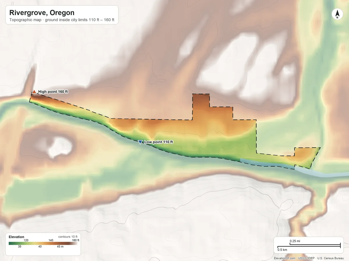 Topographic elevation map of Rivergrove, Oregon, shaded from 110 ft on the west side to 160 ft on the west side