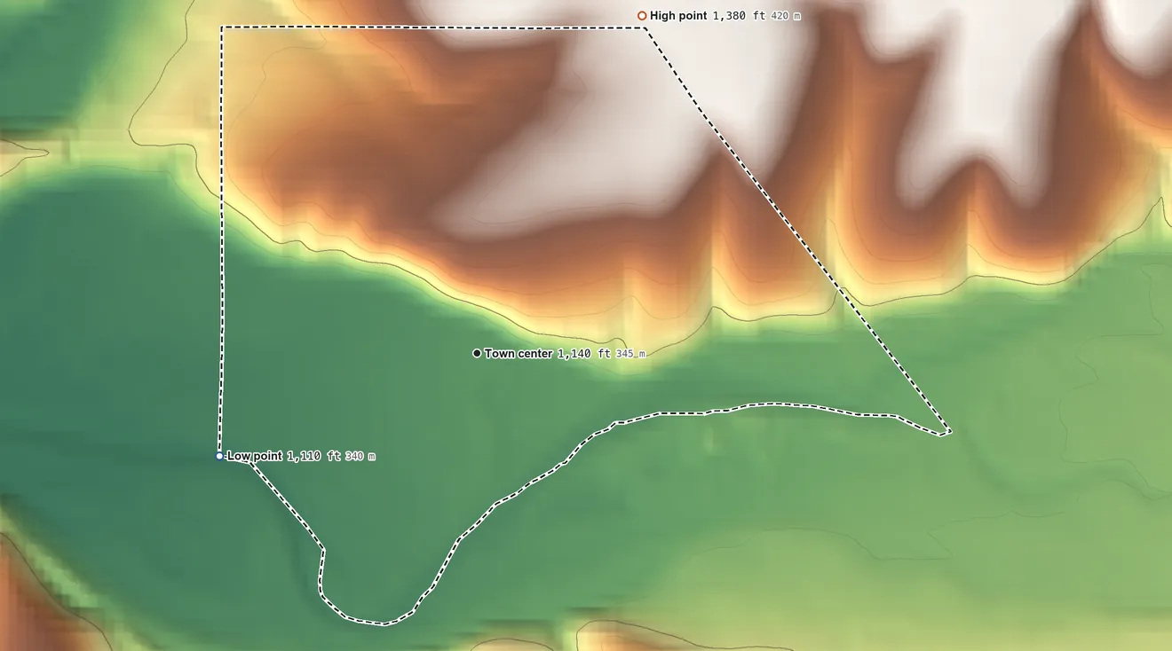 Topographic elevation map of Riverside, Oregon, shaded from 1,110 ft on the west side to 1,380 ft on the northeast side