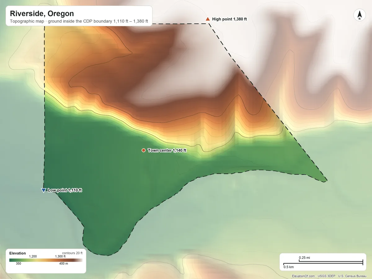 Topographic elevation map of Riverside, Oregon, shaded from 1,110 ft on the west side to 1,380 ft on the northeast side