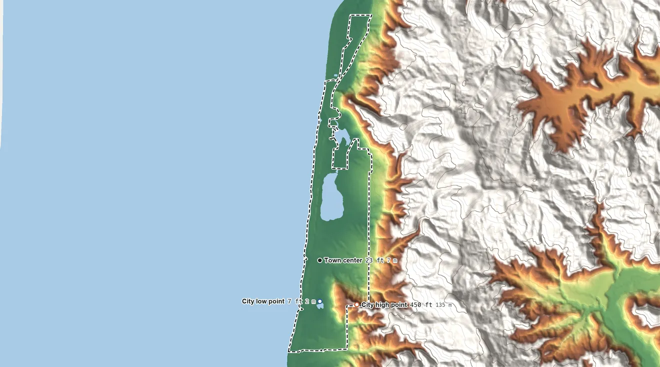 Topographic elevation map of Rockaway Beach, Oregon, shaded from 7 ft on the south side to 450 ft on the southeast edge, below higher ground just outside