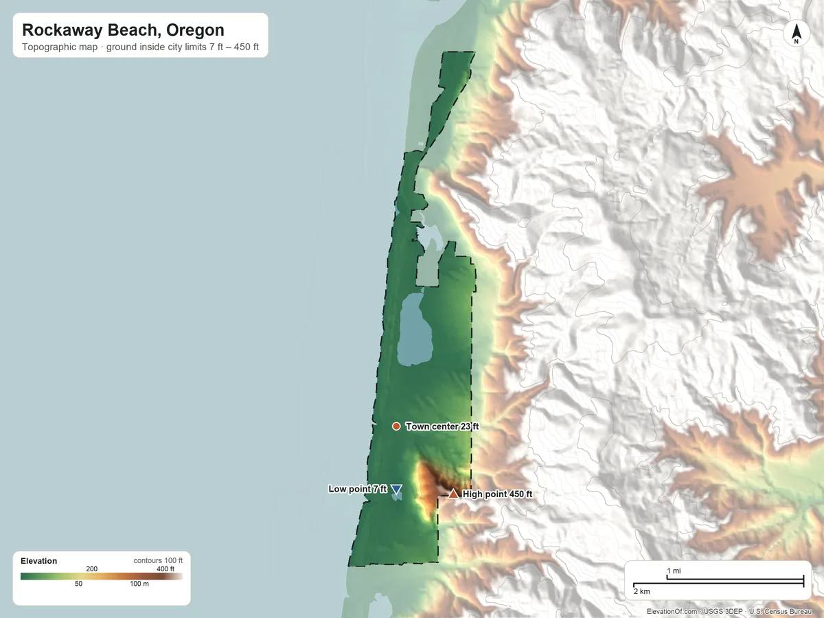 Topographic elevation map of Rockaway Beach, Oregon, shaded from 7 ft on the south side to 450 ft on the southeast edge, below higher ground just outside