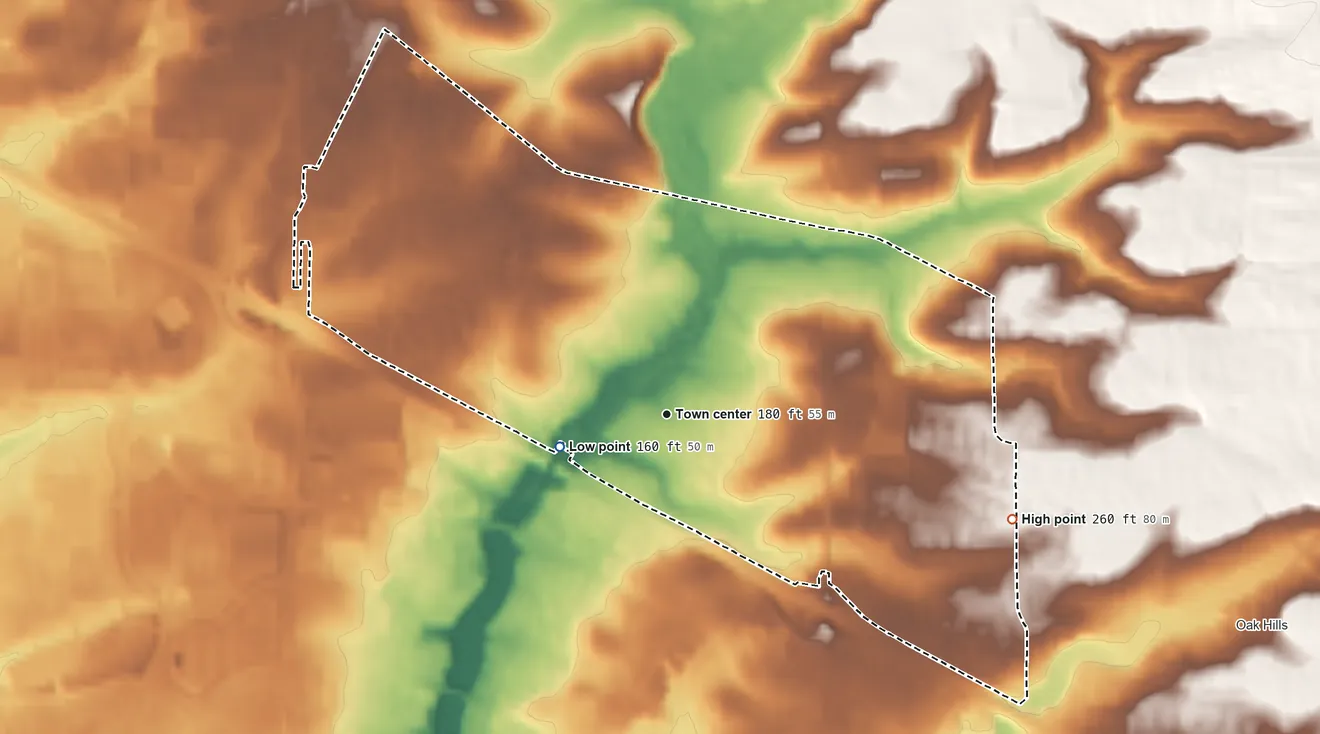 Topographic elevation map of Rockcreek, Oregon, shaded from 160 ft on the west side to 260 ft on the east side