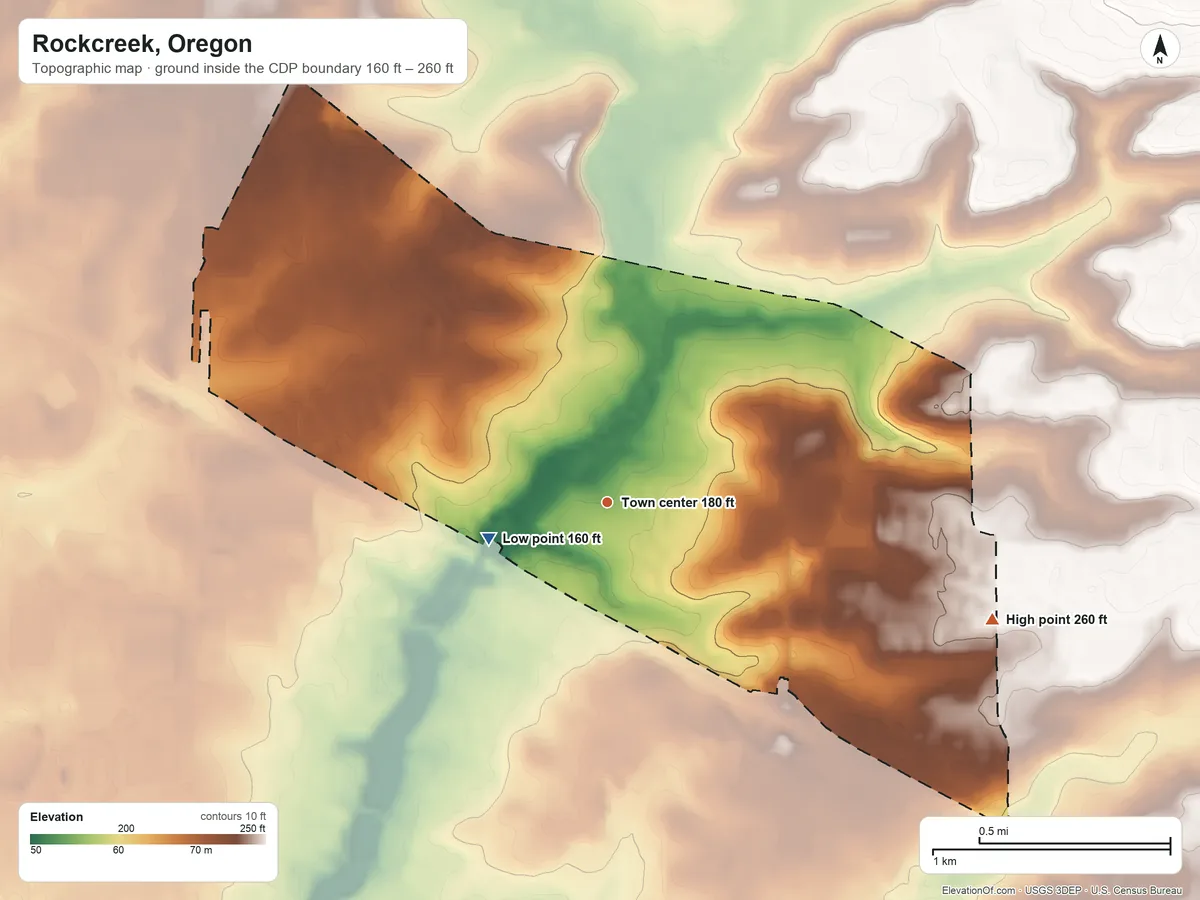 Topographic elevation map of Rockcreek, Oregon, shaded from 160 ft on the west side to 260 ft on the east side