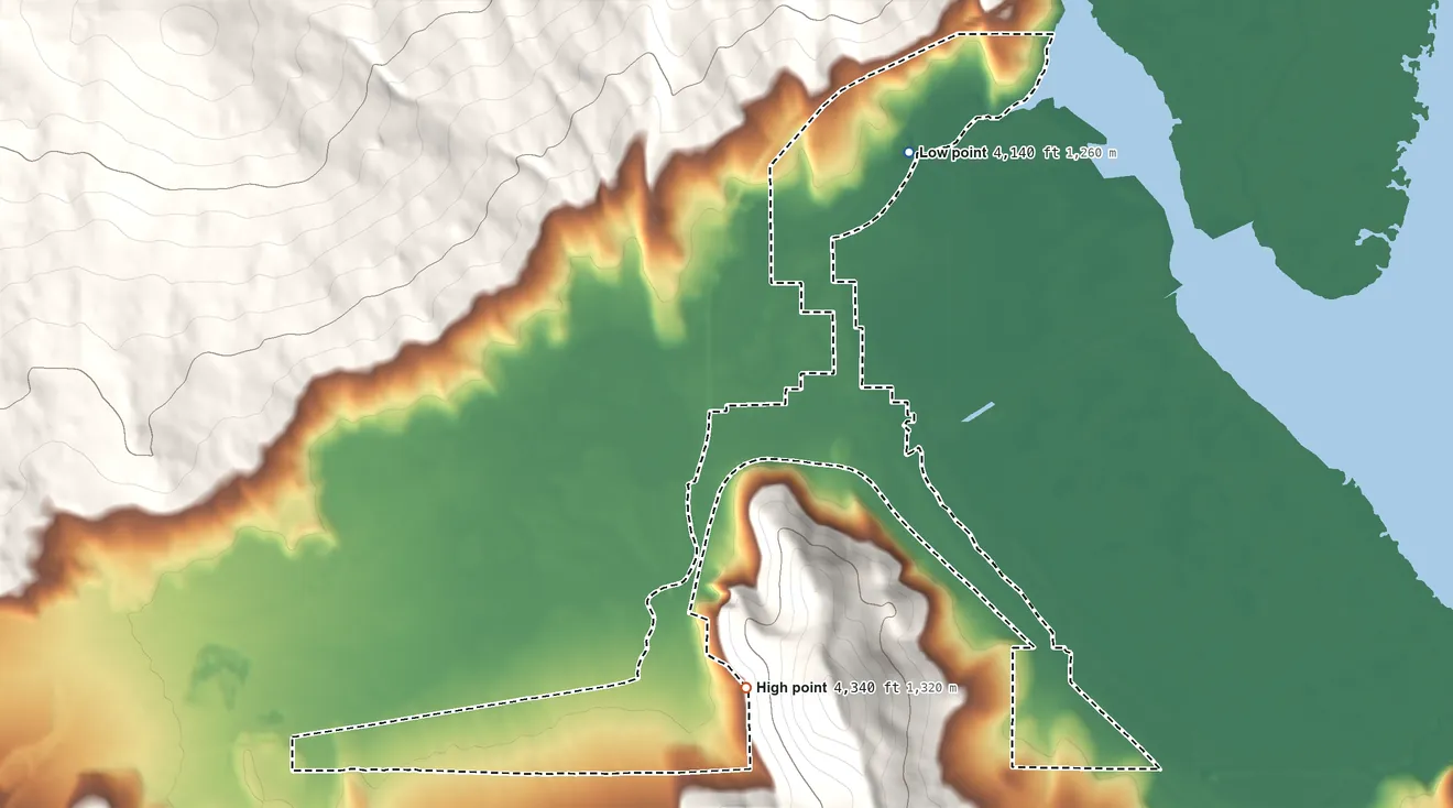 Topographic elevation map of Rocky Point, Oregon, shaded from 4,140 ft on the northeast side to 4,340 ft at the foot of the Grampian Hills