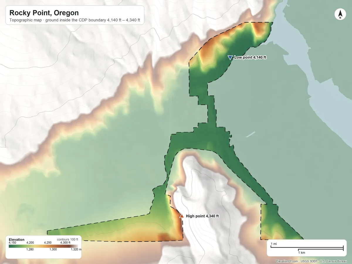 Topographic elevation map of Rocky Point, Oregon, shaded from 4,140 ft on the northeast side to 4,340 ft at the foot of the Grampian Hills