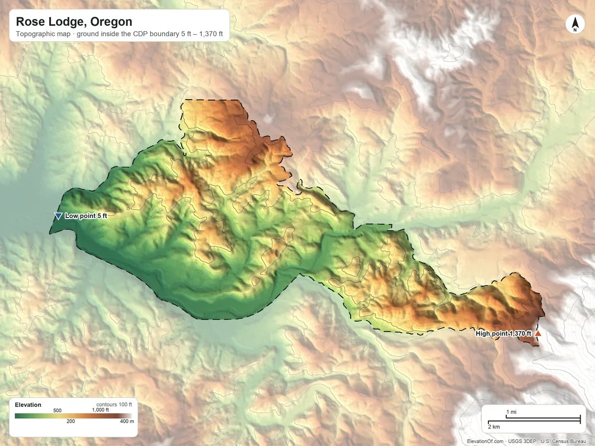 Topographic elevation map of Rose Lodge, Oregon, shaded from 5 ft on the west side to 1,370 ft on the east edge, below higher ground just outside