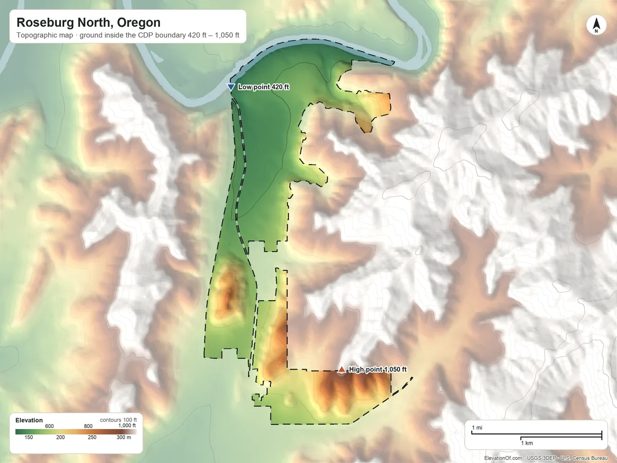 Topographic elevation map of Roseburg North, Oregon, shaded from 420 ft on the north side to 1,050 ft on the south edge, below higher ground just outside
