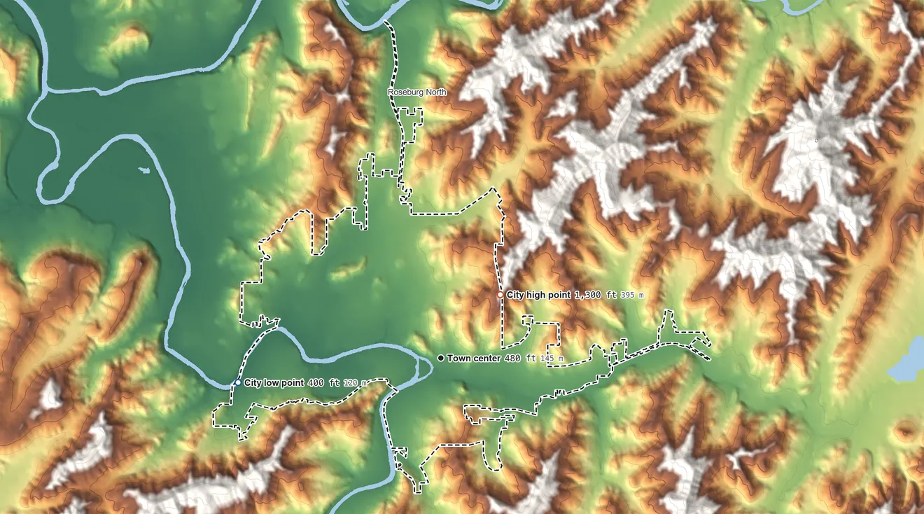 Topographic elevation map of Roseburg, Oregon, shaded from 400 ft on the west side to 1,300 ft on the northeast edge, below higher ground just outside