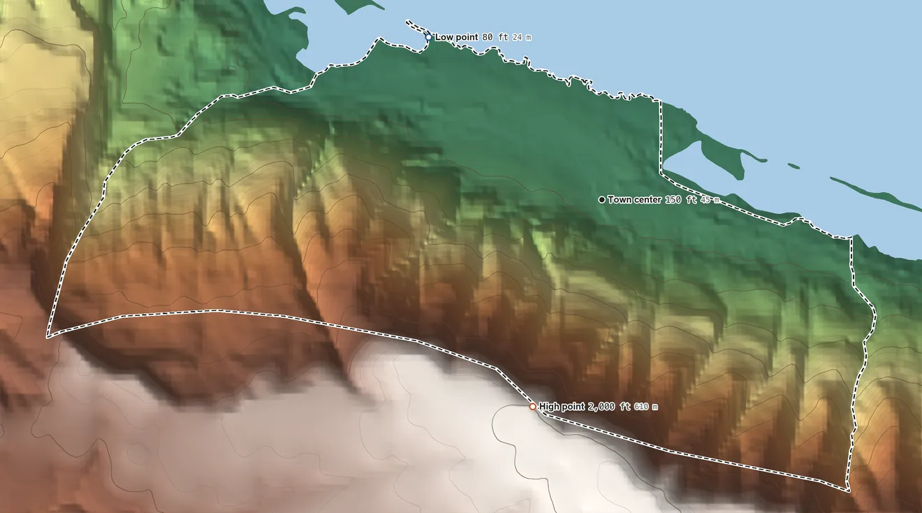 Topographic elevation map of Rowena, Oregon, shaded from 80 ft on the northwest side to 2,000 ft on the south side
