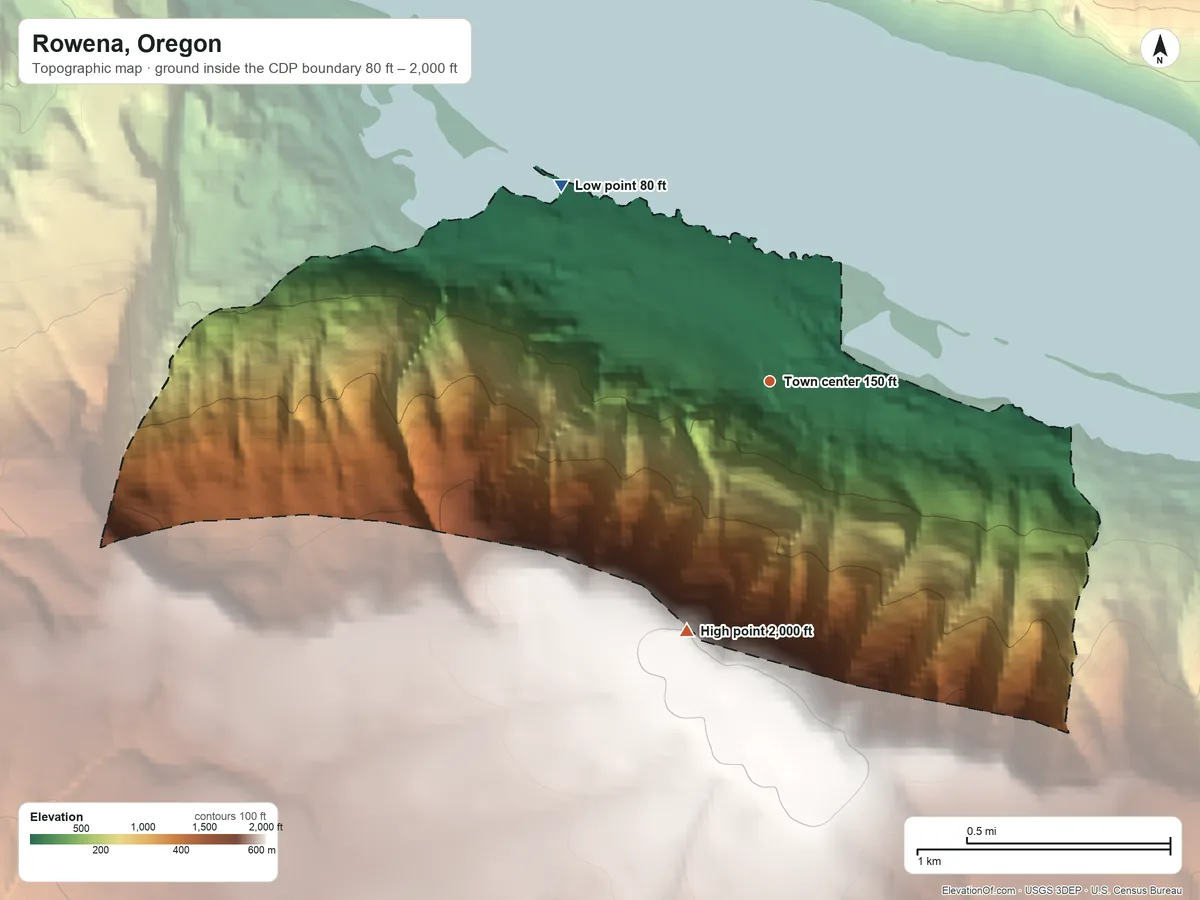 Topographic elevation map of Rowena, Oregon, shaded from 80 ft on the northwest side to 2,000 ft on the south side
