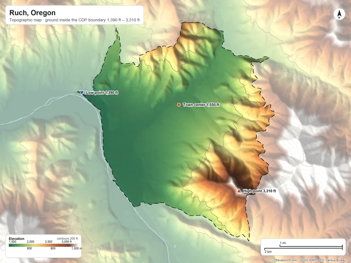 Topographic elevation map of Ruch, Oregon, shaded from 1,390 ft on the west side to 3,310 ft on Squires Peak