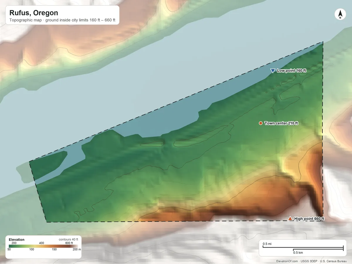Topographic elevation map of Rufus, Oregon, shaded from 160 ft on the north side to 660 ft on the south edge, below higher ground just outside