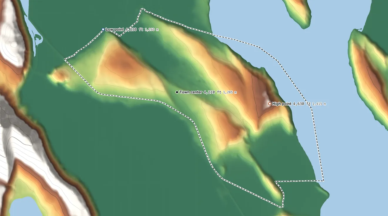 Topographic elevation map of Running Y Ranch, Oregon, shaded from 4,130 ft on the northwest side to 4,630 ft on Government Hill