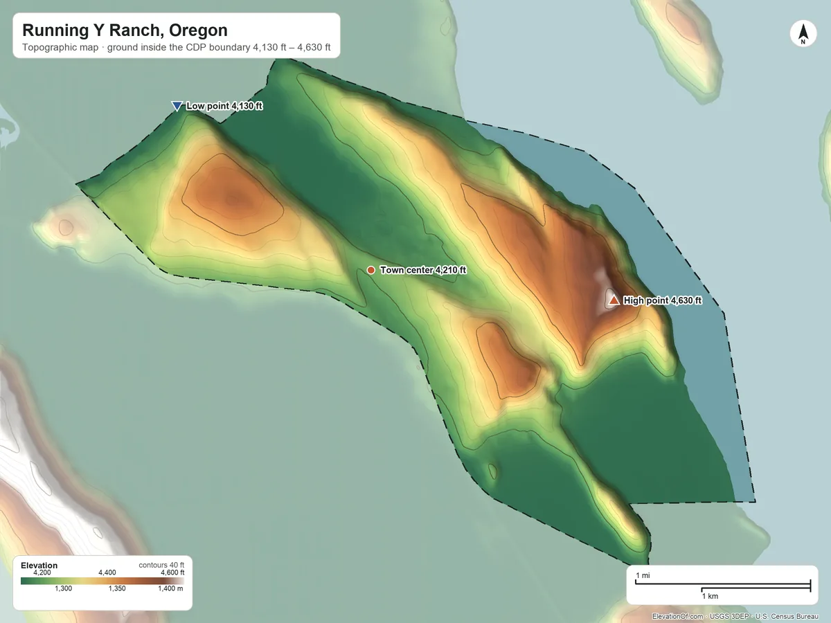 Topographic elevation map of Running Y Ranch, Oregon, shaded from 4,130 ft on the northwest side to 4,630 ft on Government Hill