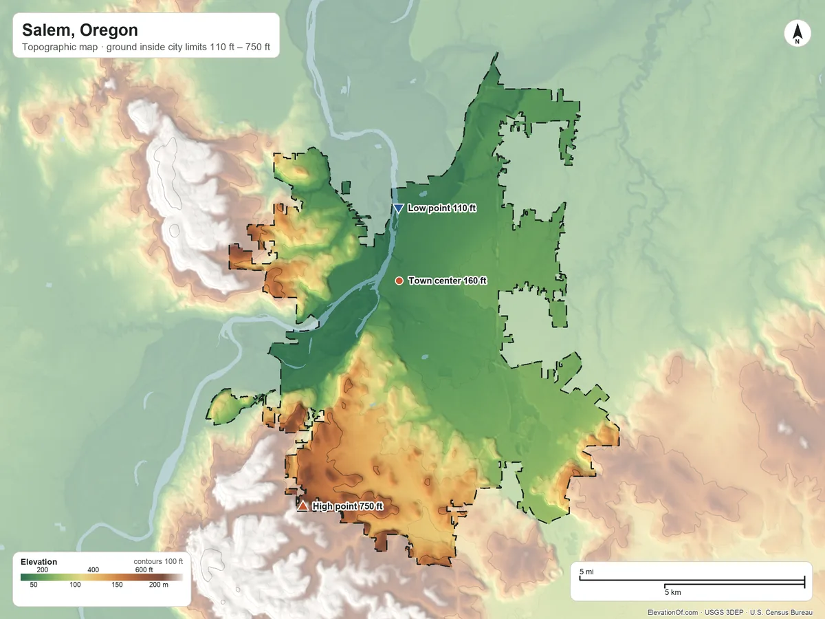 Topographic elevation map of Salem, Oregon, shaded from 110 ft on the north side to 750 ft on the southwest side