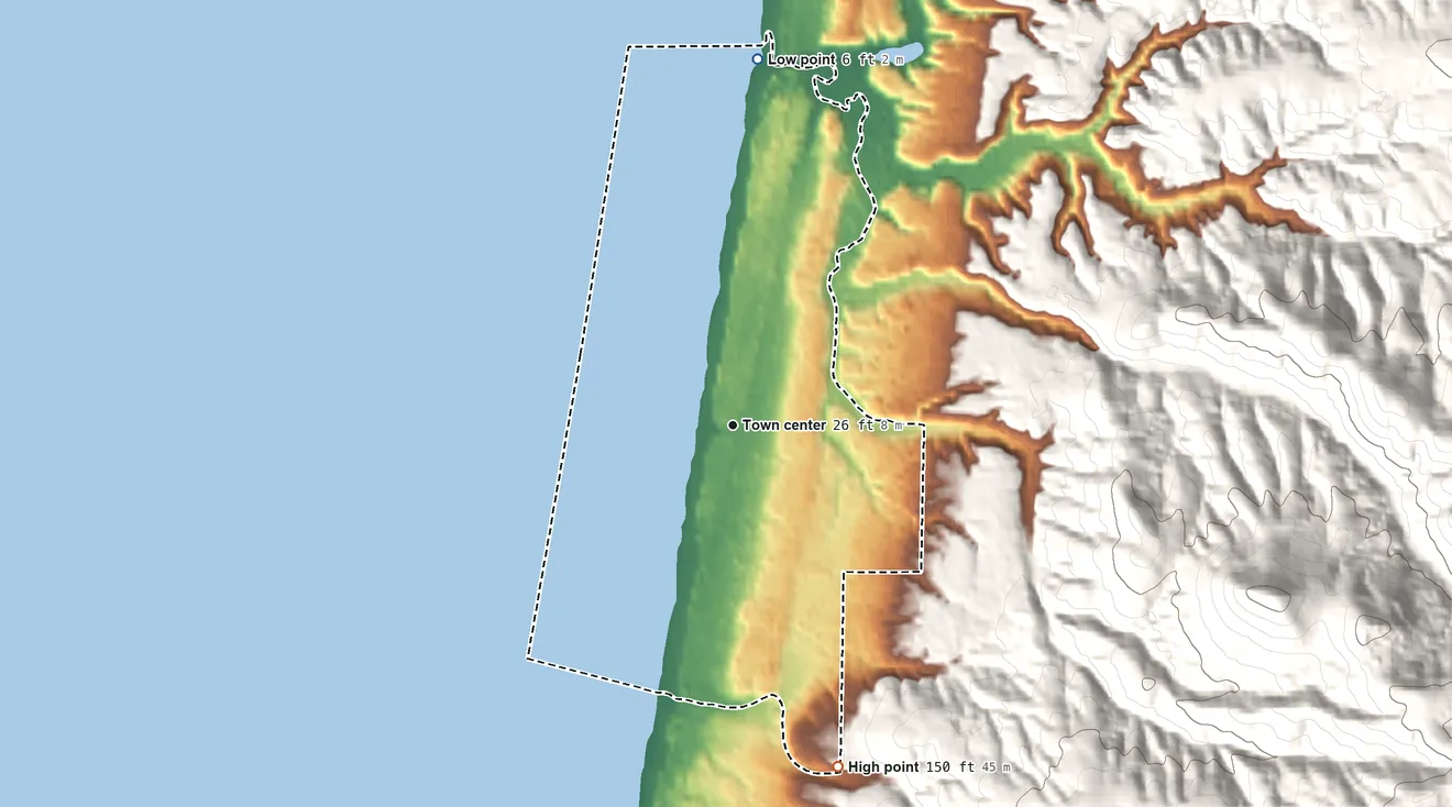 Topographic elevation map of San Marine, Oregon, shaded from 6 ft on the north side to 150 ft on the south edge, below higher ground just outside