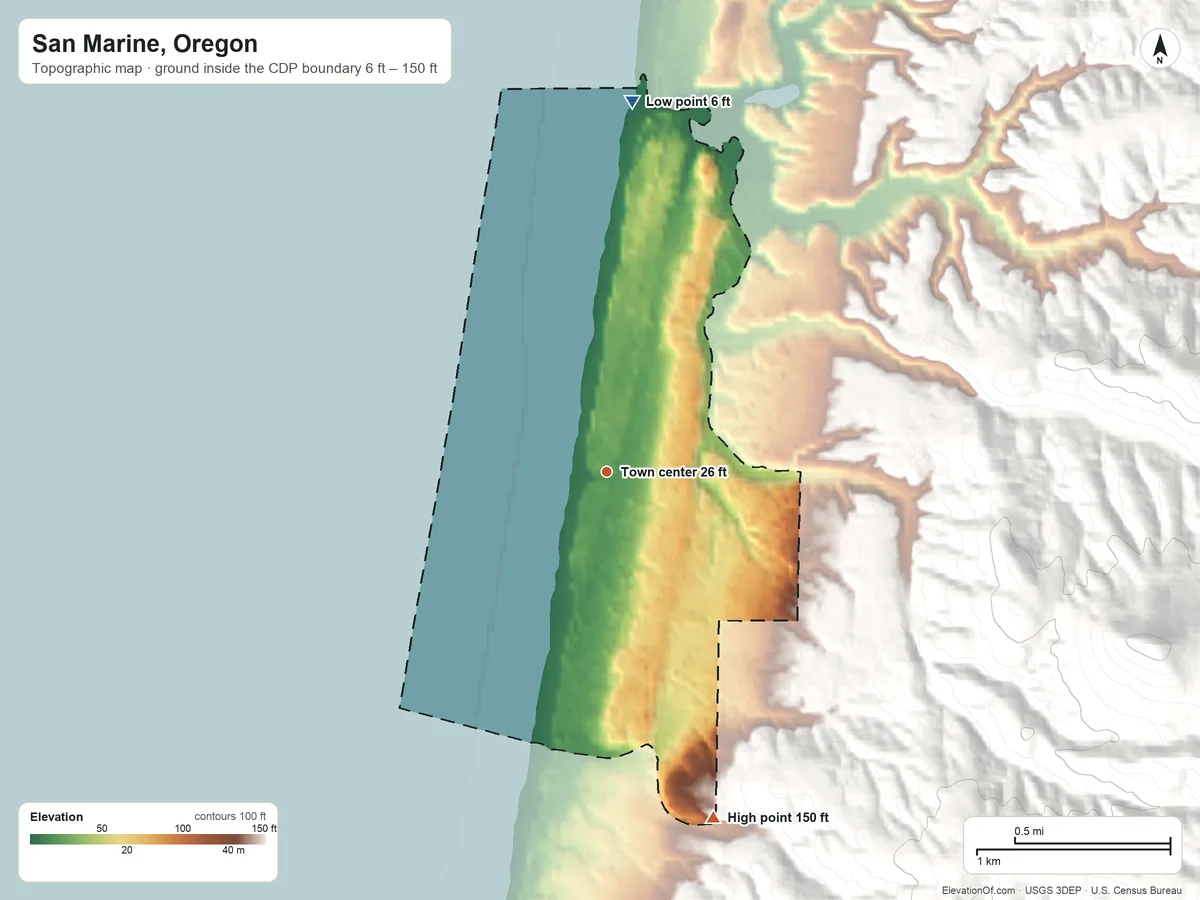 Topographic elevation map of San Marine, Oregon, shaded from 6 ft on the north side to 150 ft on the south edge, below higher ground just outside