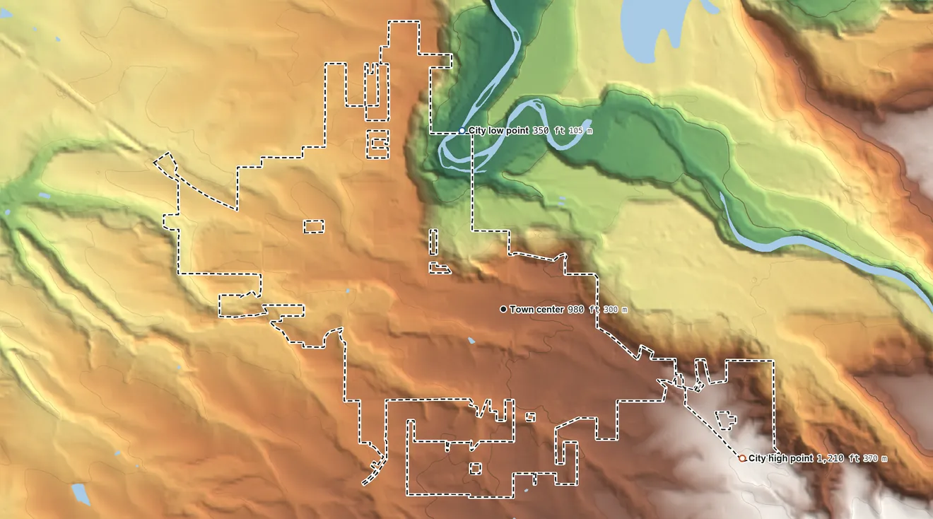 Topographic elevation map of Sandy, Oregon, shaded from 350 ft on the north side to 1,210 ft on the southeast edge, below higher ground just outside