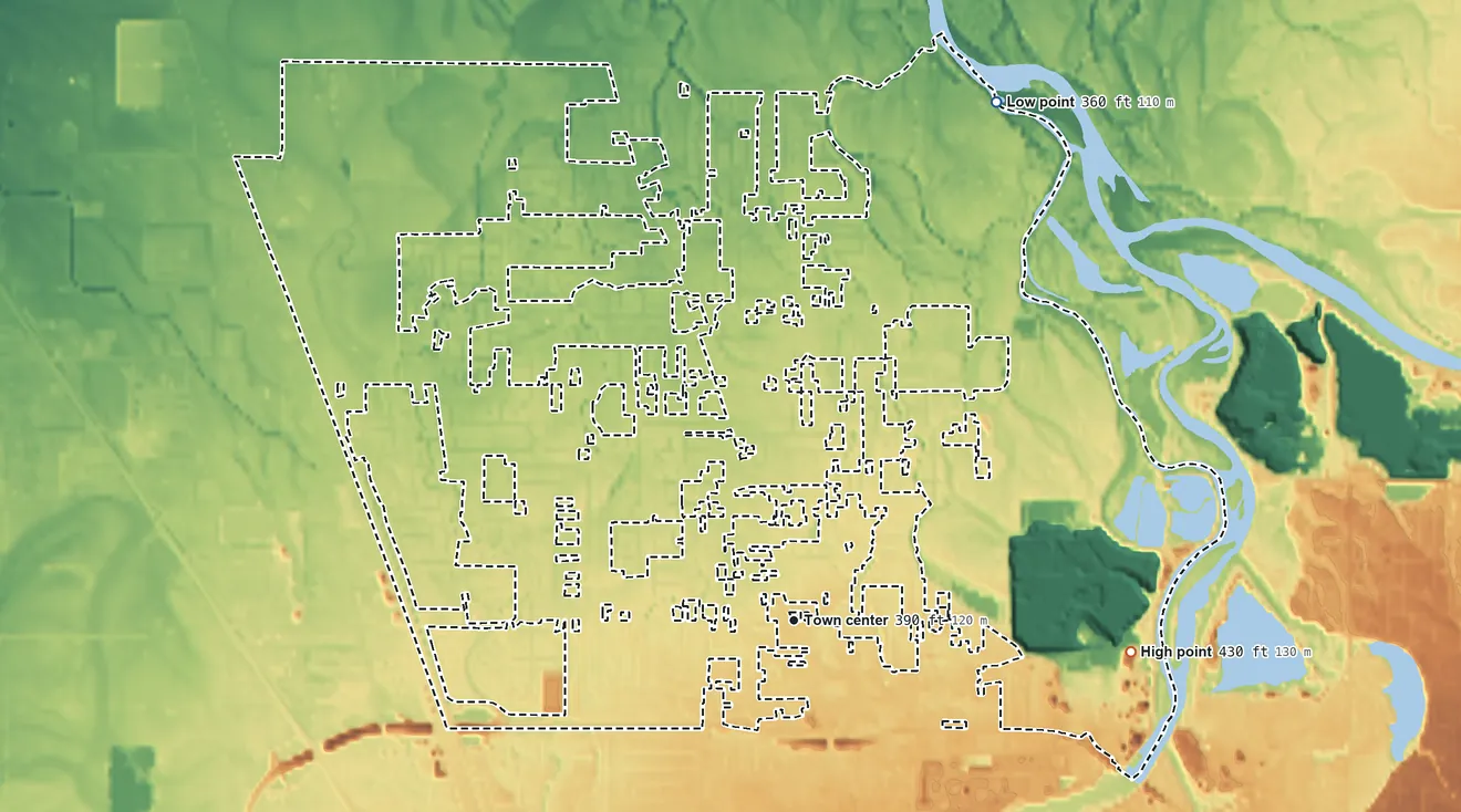 Topographic elevation map of Santa Clara, Oregon, shaded from 360 ft on the north side to 430 ft on the east side