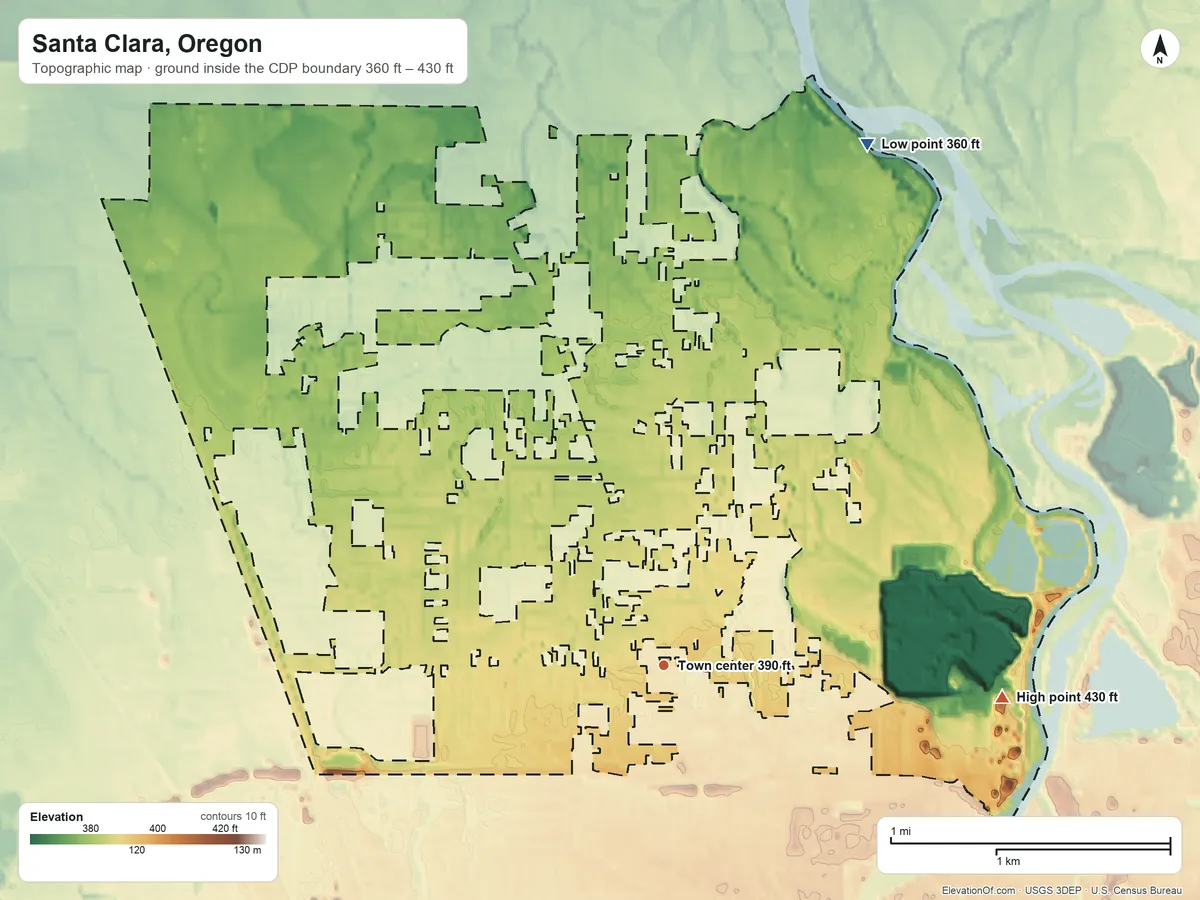 Topographic elevation map of Santa Clara, Oregon, shaded from 360 ft on the north side to 430 ft on the east side