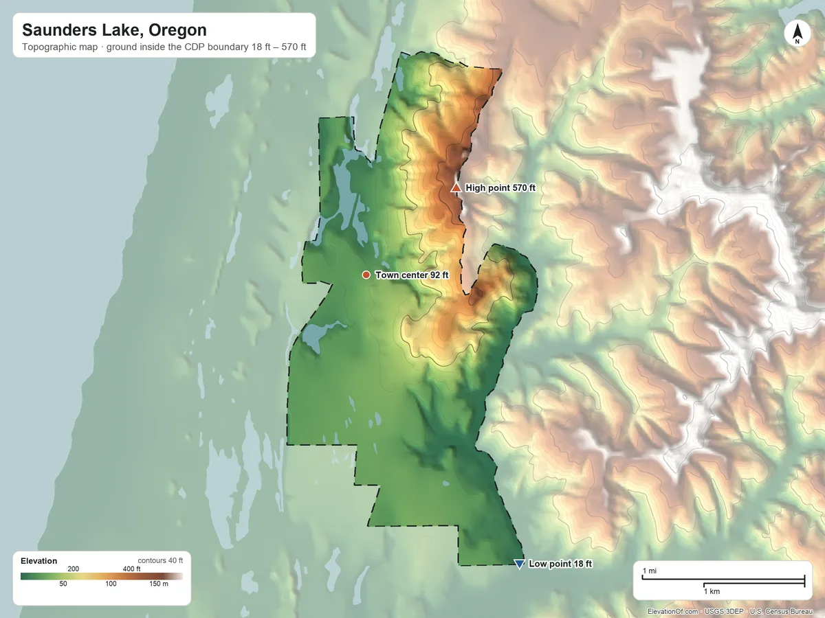 Topographic elevation map of Saunders Lake, Oregon, shaded from 18 ft on the southeast side to 570 ft on the northeast side