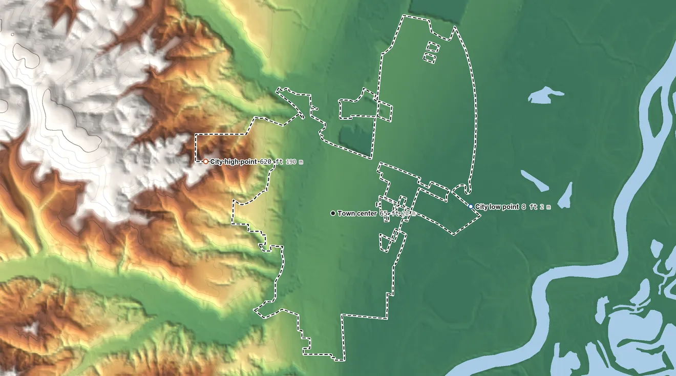 Topographic elevation map of Scappoose, Oregon, shaded from 8 ft on the east side to 620 ft at the foot of the Tualatin Mountains