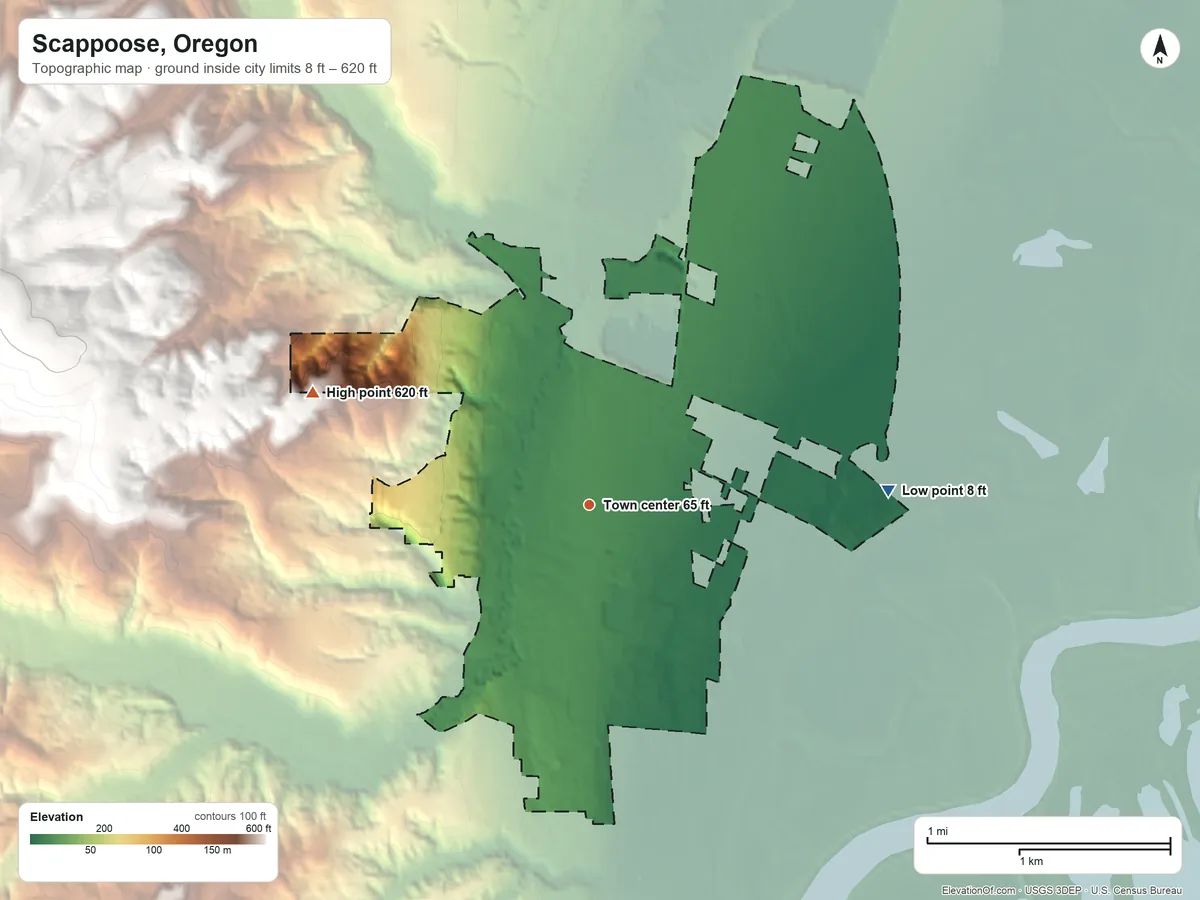 Topographic elevation map of Scappoose, Oregon, shaded from 8 ft on the east side to 620 ft at the foot of the Tualatin Mountains