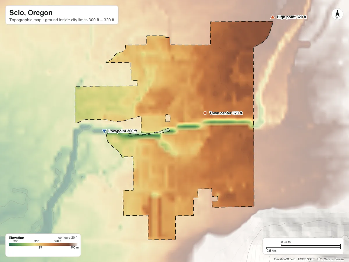 Topographic elevation map of Scio, Oregon, shaded from 300 ft on the west side to 320 ft on the northeast edge, below higher ground just outside