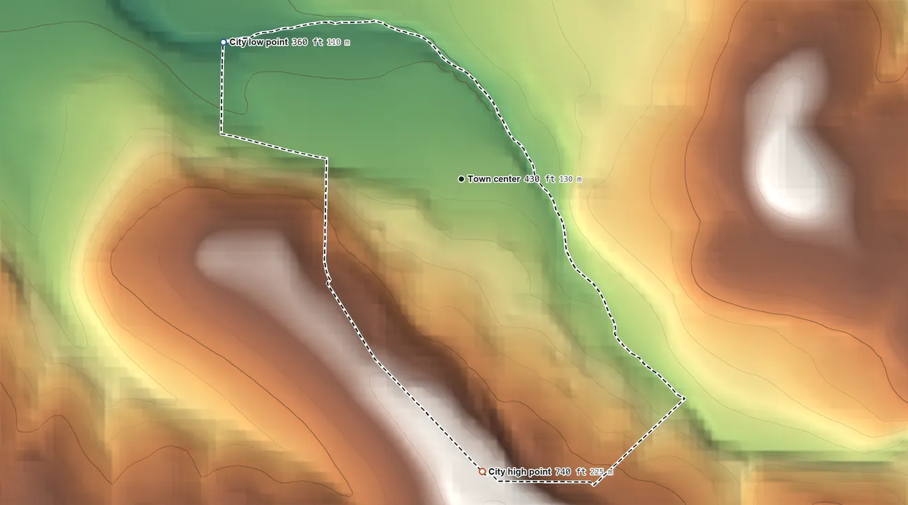 Topographic elevation map of Scotts Mills, Oregon, shaded from 360 ft on the northwest side to 740 ft on the south edge, below higher ground just outside