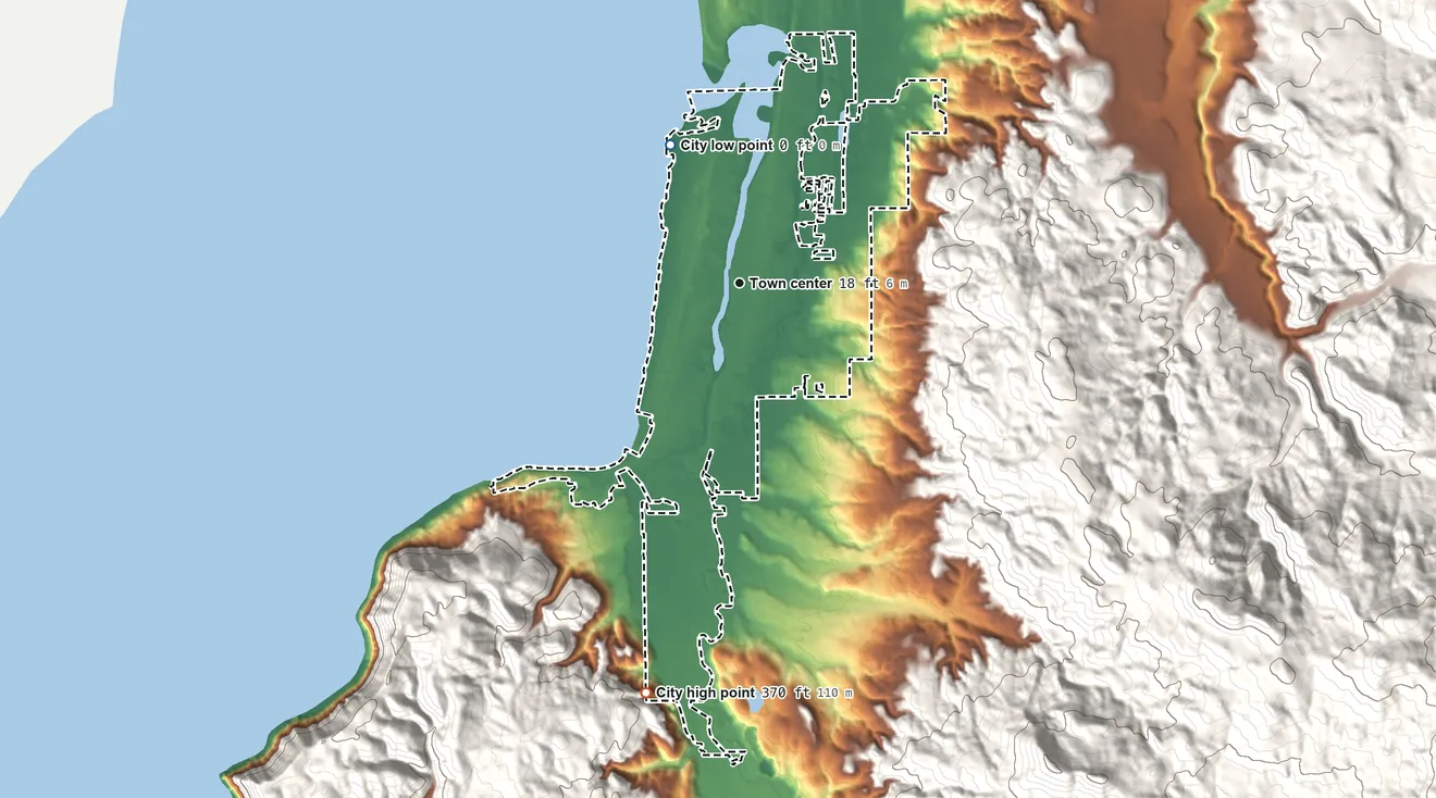 Topographic elevation map of Seaside, Oregon, shaded from sea level level on the Pacific Ocean to 370 ft on the south edge, below higher ground just outside
