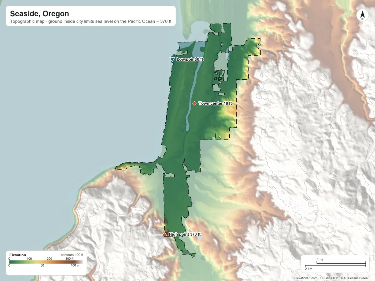 Topographic elevation map of Seaside, Oregon, shaded from sea level level on the Pacific Ocean to 370 ft on the south edge, below higher ground just outside
