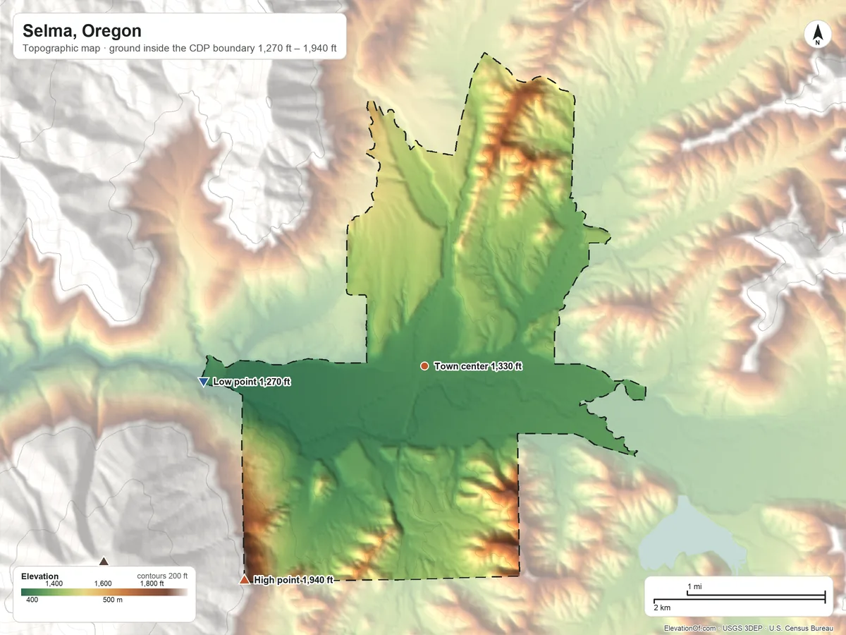 Topographic elevation map of Selma, Oregon, shaded from 1,270 ft on the west side to 1,940 ft on the southwest edge, below higher ground just outside
