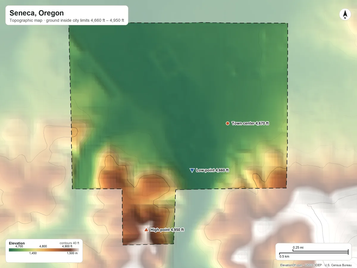 Topographic elevation map of Seneca, Oregon, shaded from 4,660 ft on the southwest side to 4,950 ft on the southwest edge, below higher ground just outside