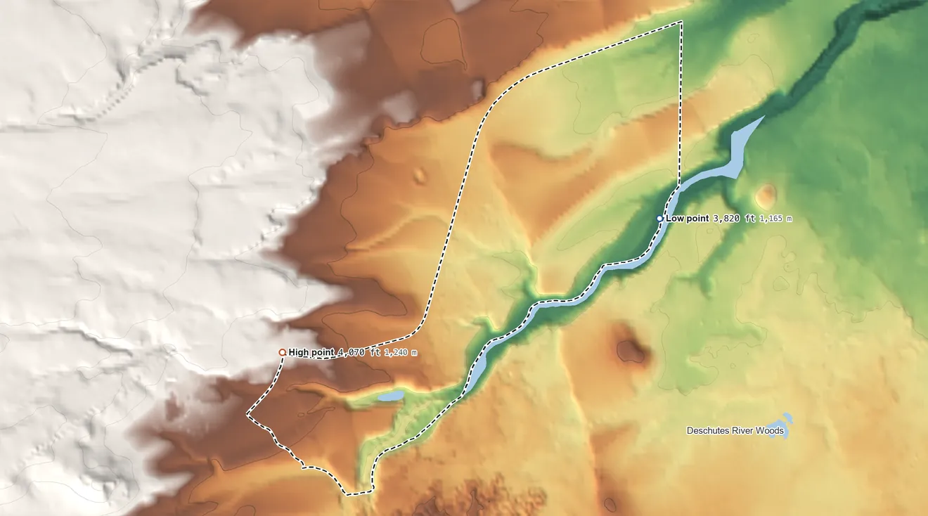 Topographic elevation map of Seventh Mountain, Oregon, shaded from 3,820 ft on the east side to 4,070 ft on the southwest edge, below higher ground just outside